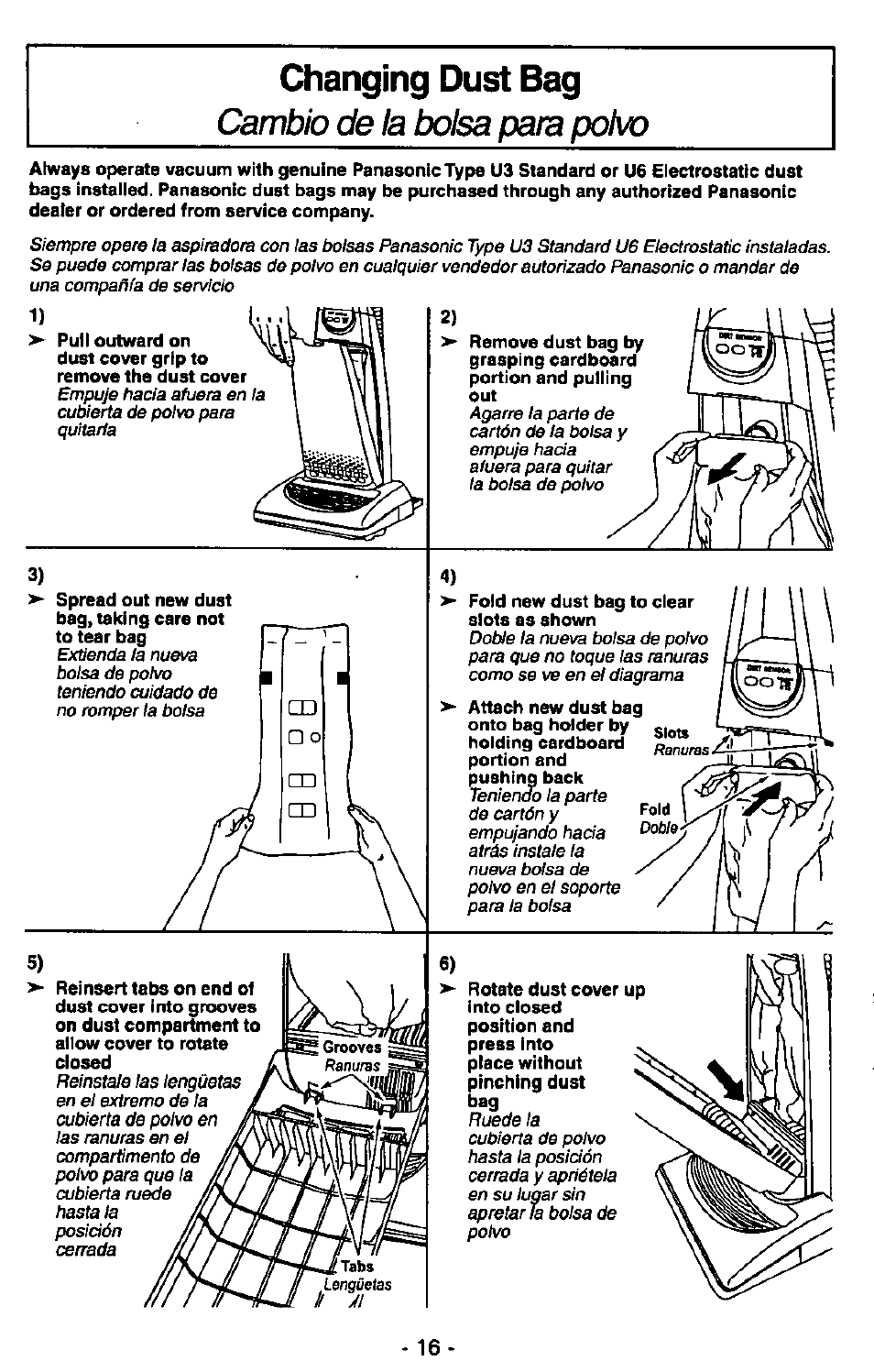 Changing dust bag, Cambio de la bdsa para ро1ю, Lengüetas | Panasonic MC-V7380 User Manual | Page 16 / 28