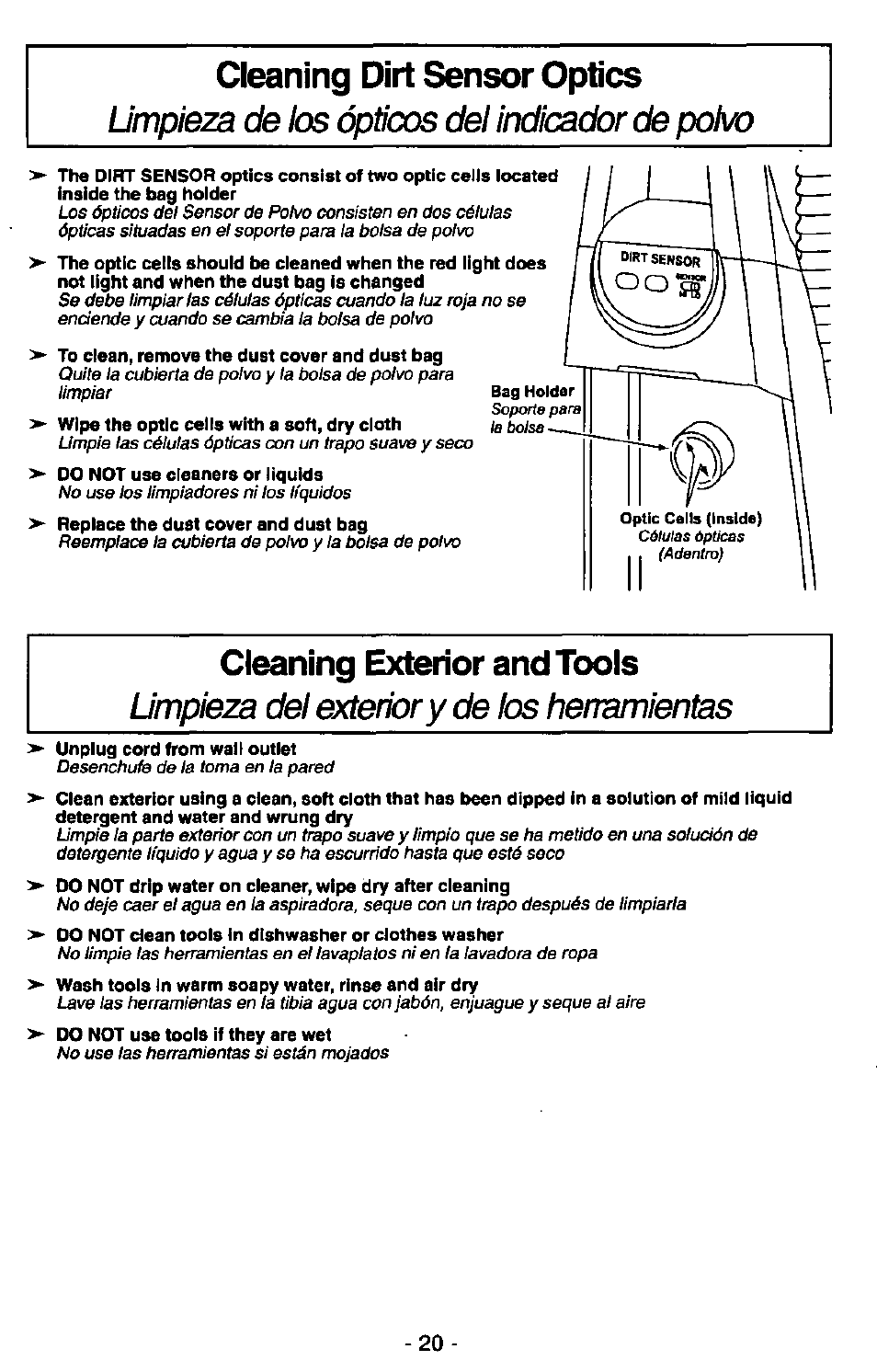 Cleaning dirt sensor optics, Cleaning exterior and tools, Cjpl/cos | Limpieza de los, Del indicador de poh/o, Limpieza del exterior y de los herramientas | Panasonic MC-V7380 User Manual | Page 20 / 28