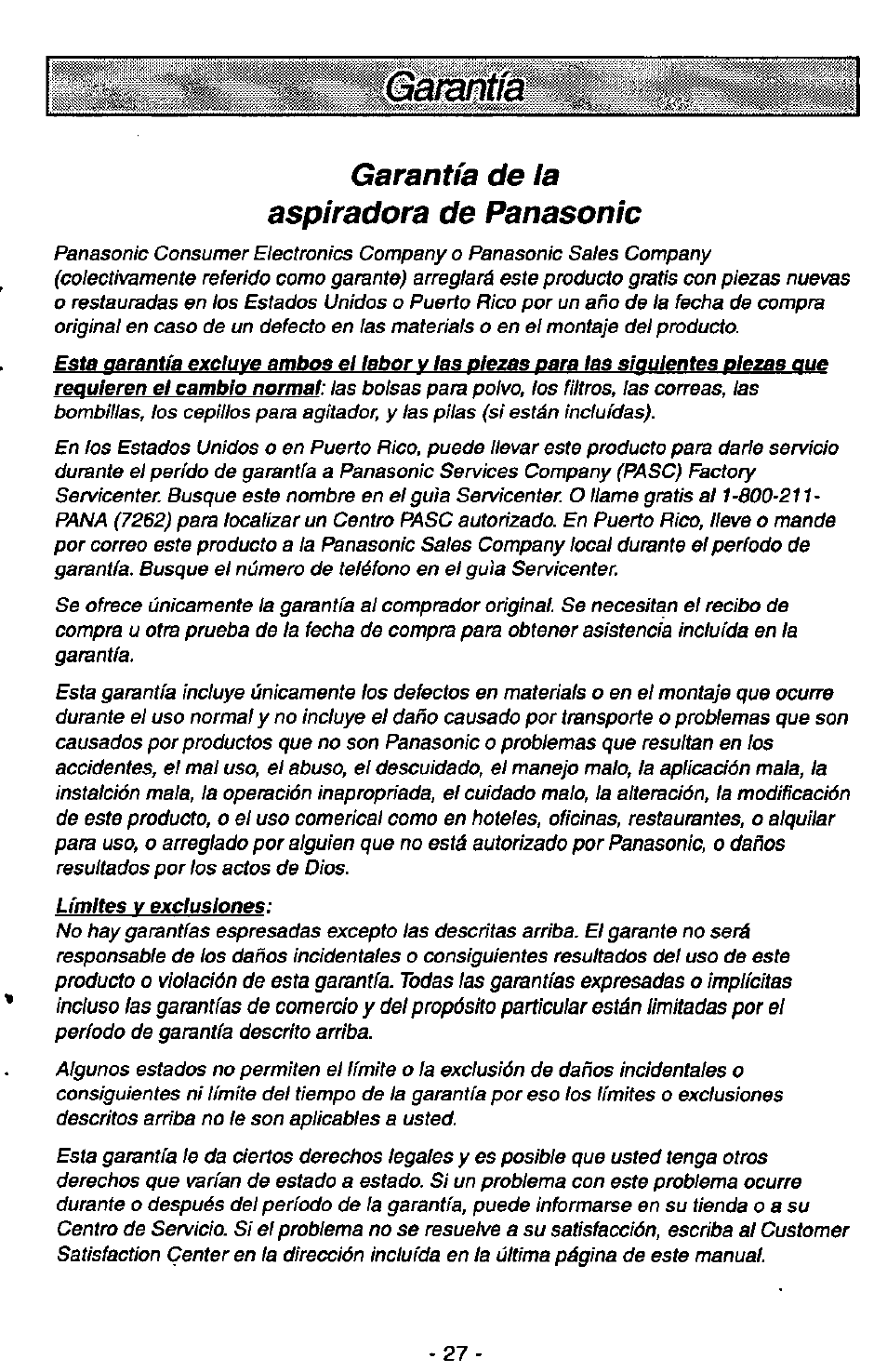 Garantía de la, Mmitis, Aspiradora de panasonic | Panasonic MC-V7380 User Manual | Page 27 / 28
