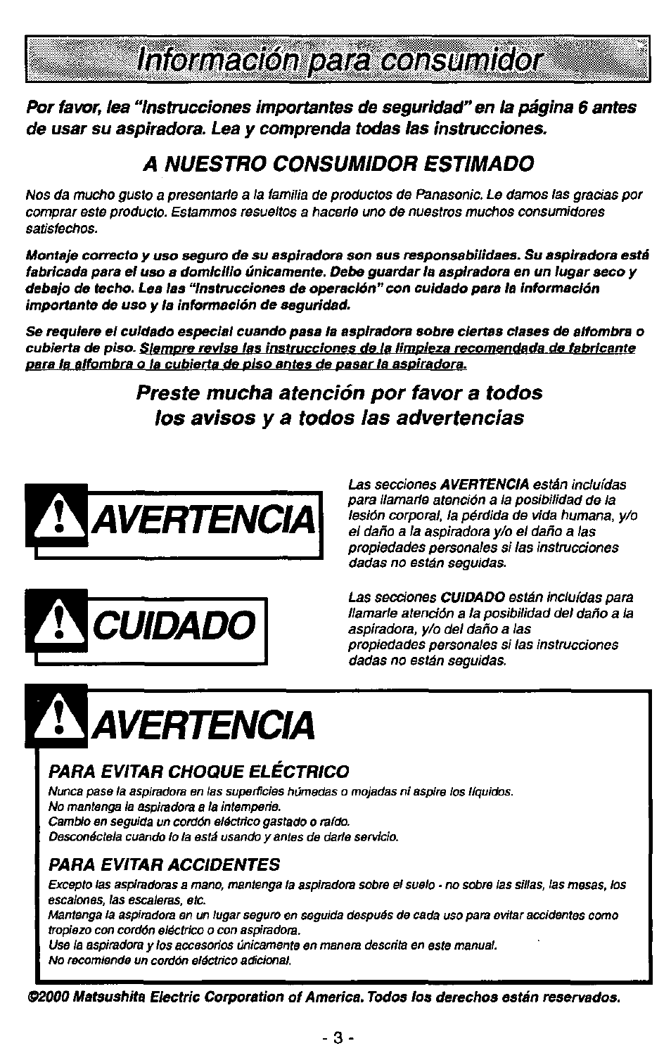 Avertencia, Cuidado | Panasonic MC-V7380 User Manual | Page 3 / 28