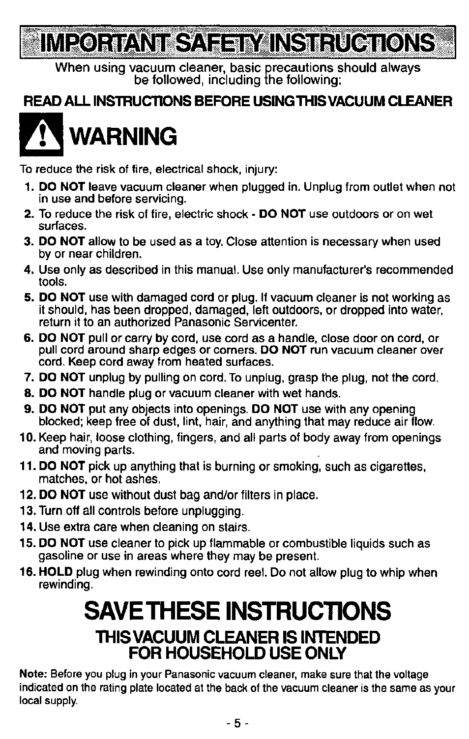 Warning, Savethese instructions | Panasonic MC-V7380 User Manual | Page 5 / 28