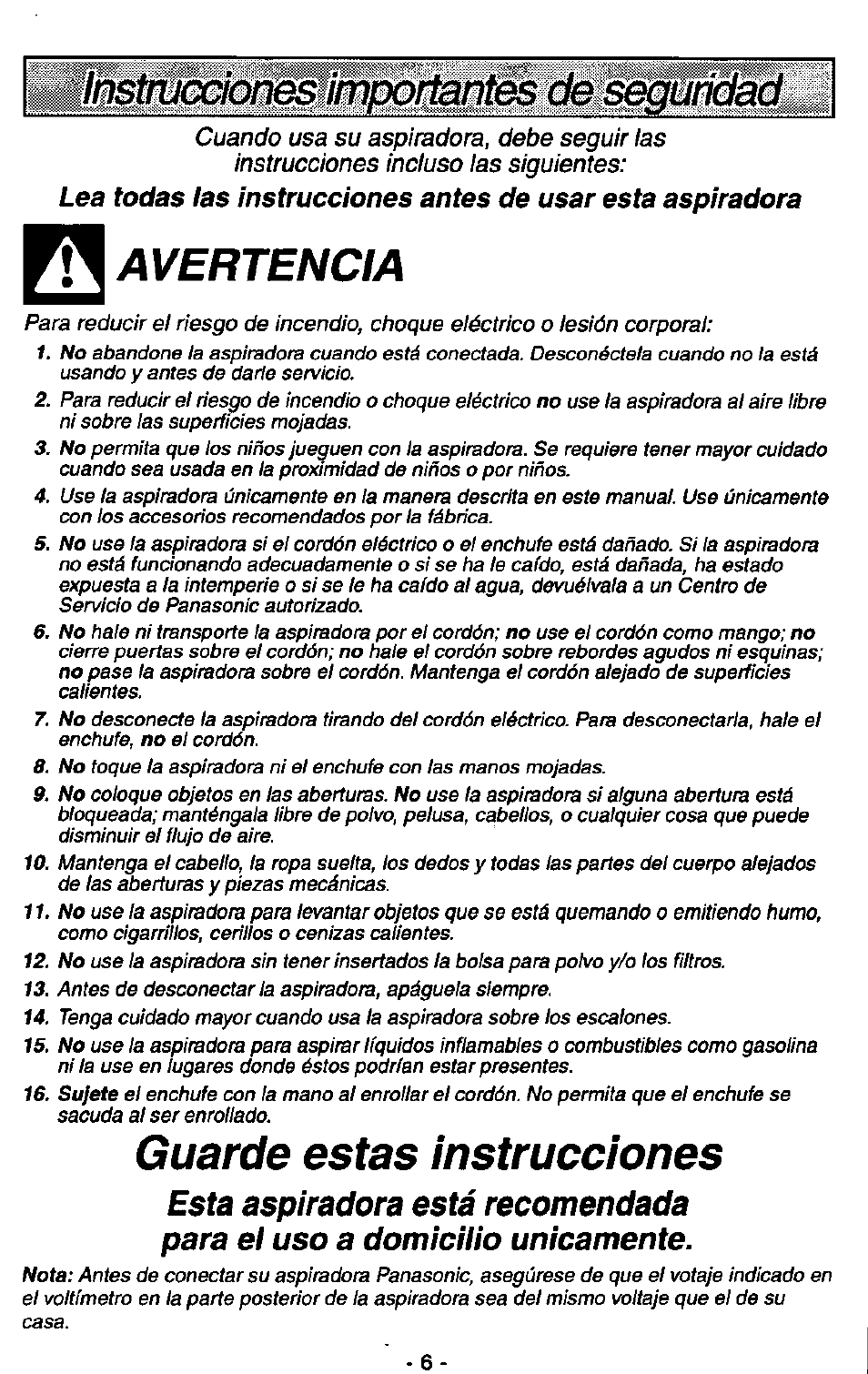 Avertencia, Guarde estas instrucciones | Panasonic MC-V7380 User Manual | Page 6 / 28