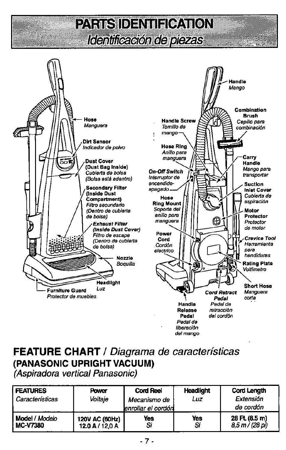 Fibliìemificatien, Feature chart, 6cxru///3 | Panasonic MC-V7380 User Manual | Page 7 / 28