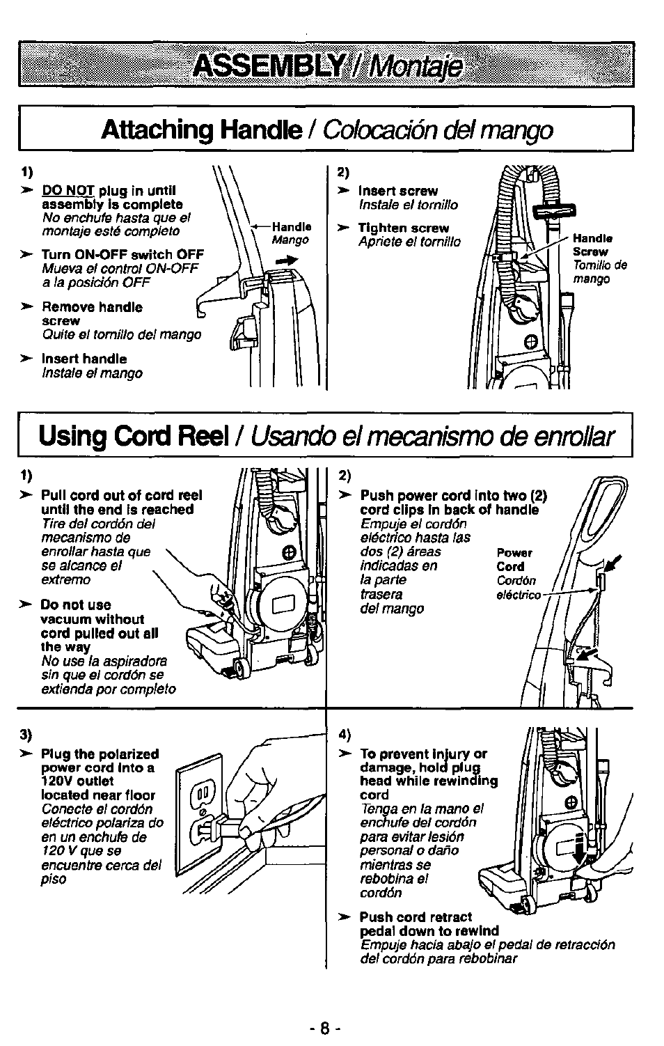 Using cord reei, Usando el mecanismo de enrollar, Mango | Panasonic MC-V7380 User Manual | Page 8 / 28