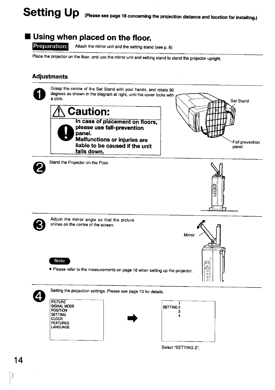 Adjustments, Setting up, Cautlotk | Using when placed on the floor | Panasonic TC-LT1 Series User Manual | Page 14 / 40