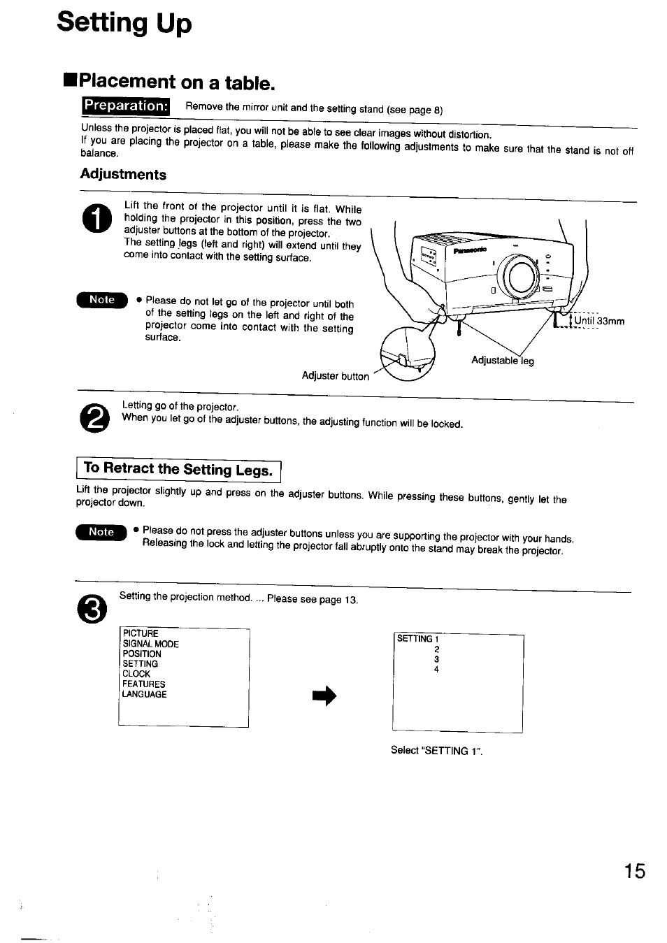 Preparation, Adjustments, To retract the setting legs | Setting up, Placement on a table | Panasonic TC-LT1 Series User Manual | Page 15 / 40