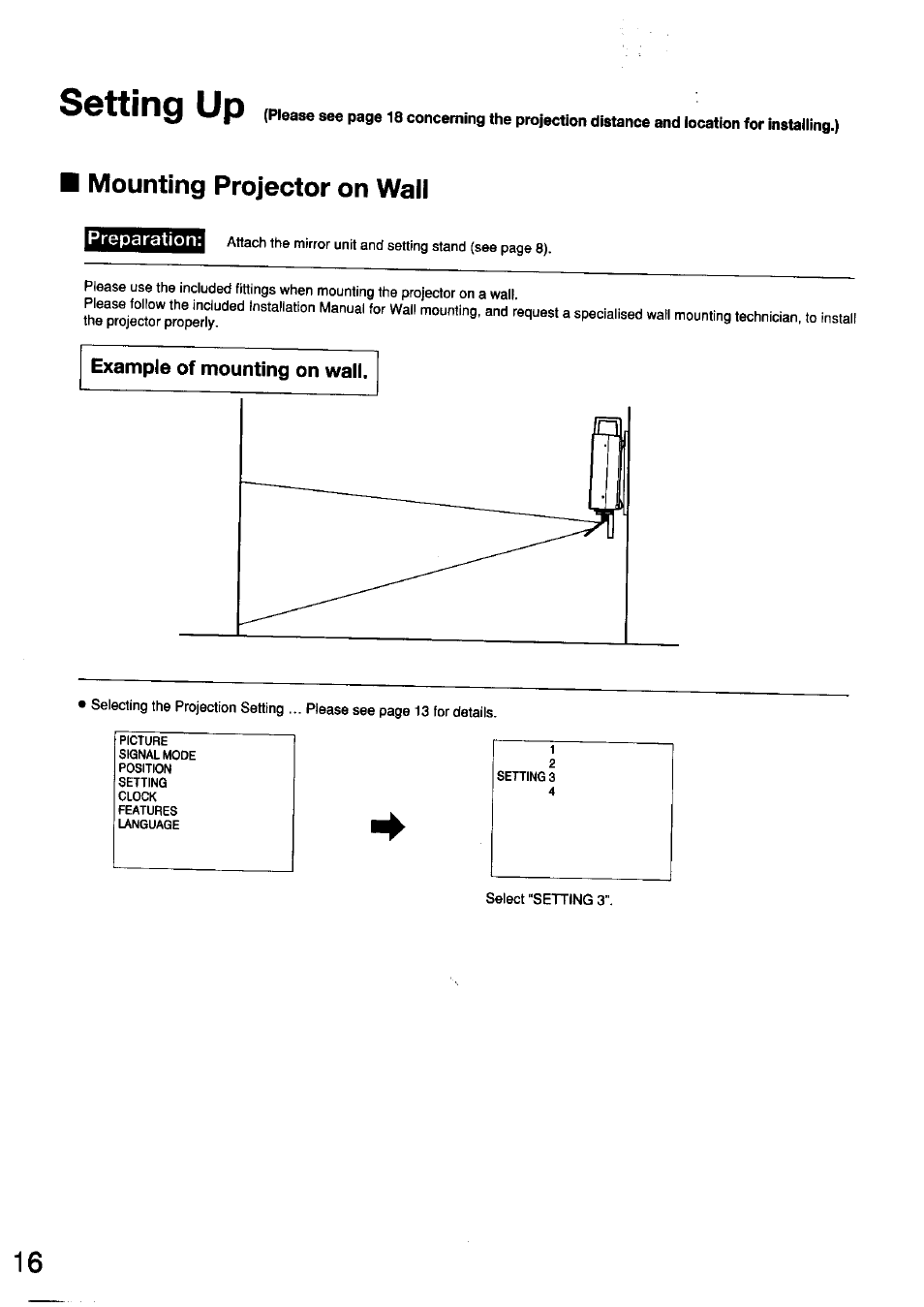 Example of mounting on wall, Setting up, Mounting projector on wall | Panasonic TC-LT1 Series User Manual | Page 16 / 40