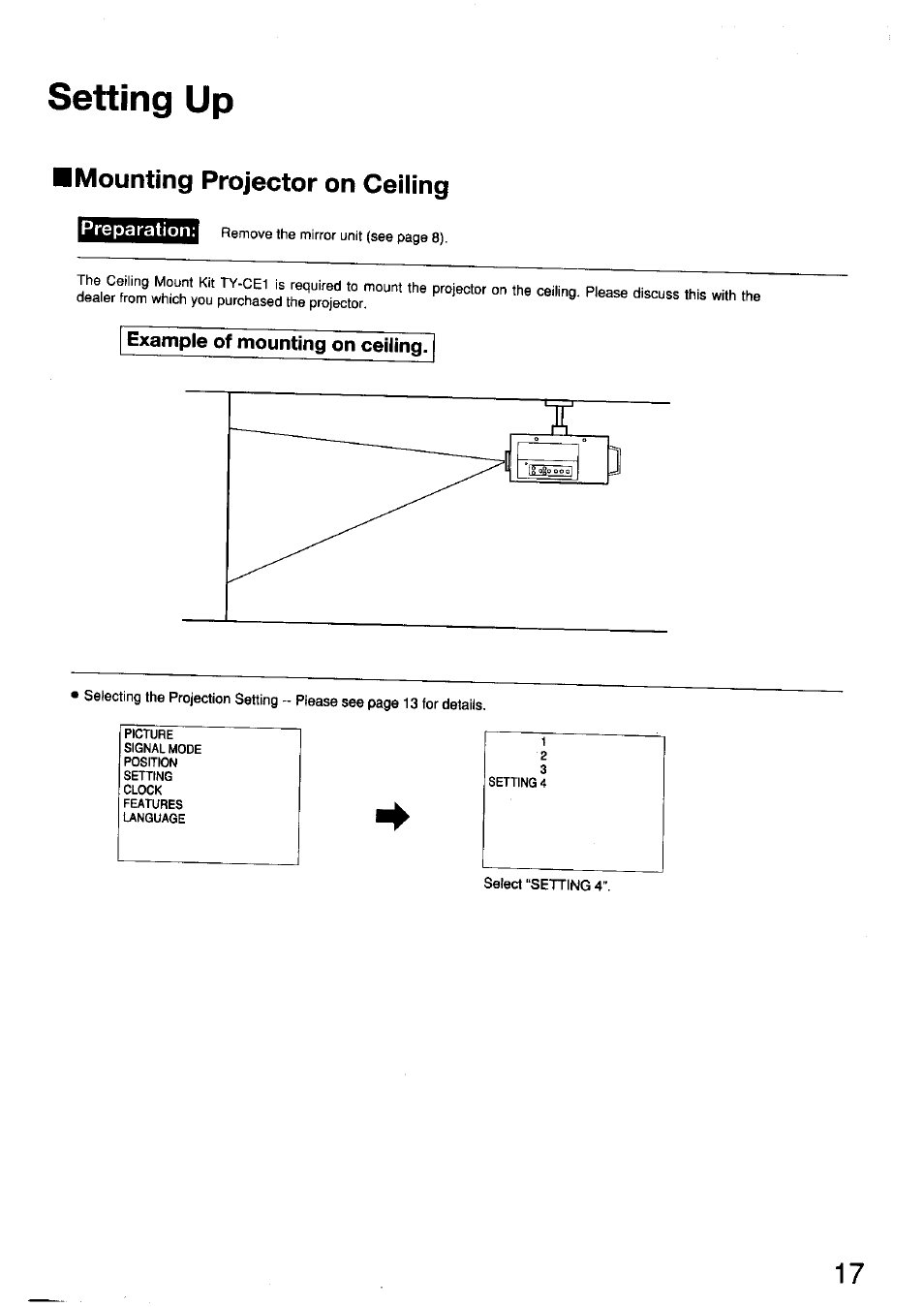 Example of mounting on ceiling, Setting up, I mounting projector on ceiling | Panasonic TC-LT1 Series User Manual | Page 17 / 40
