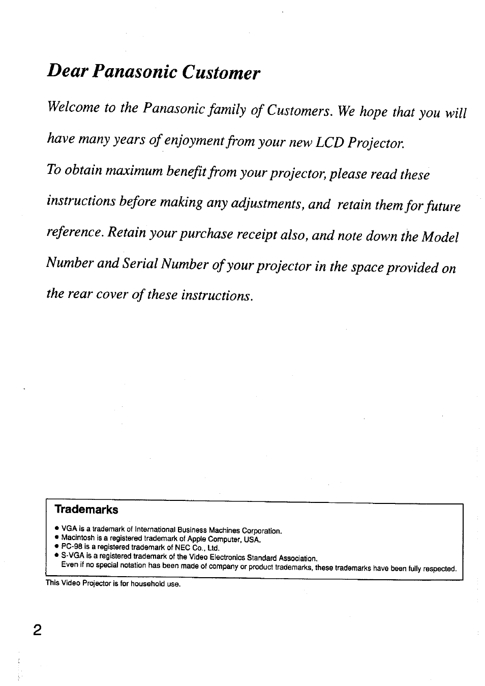 Dear panasonic customer | Panasonic TC-LT1 Series User Manual | Page 2 / 40