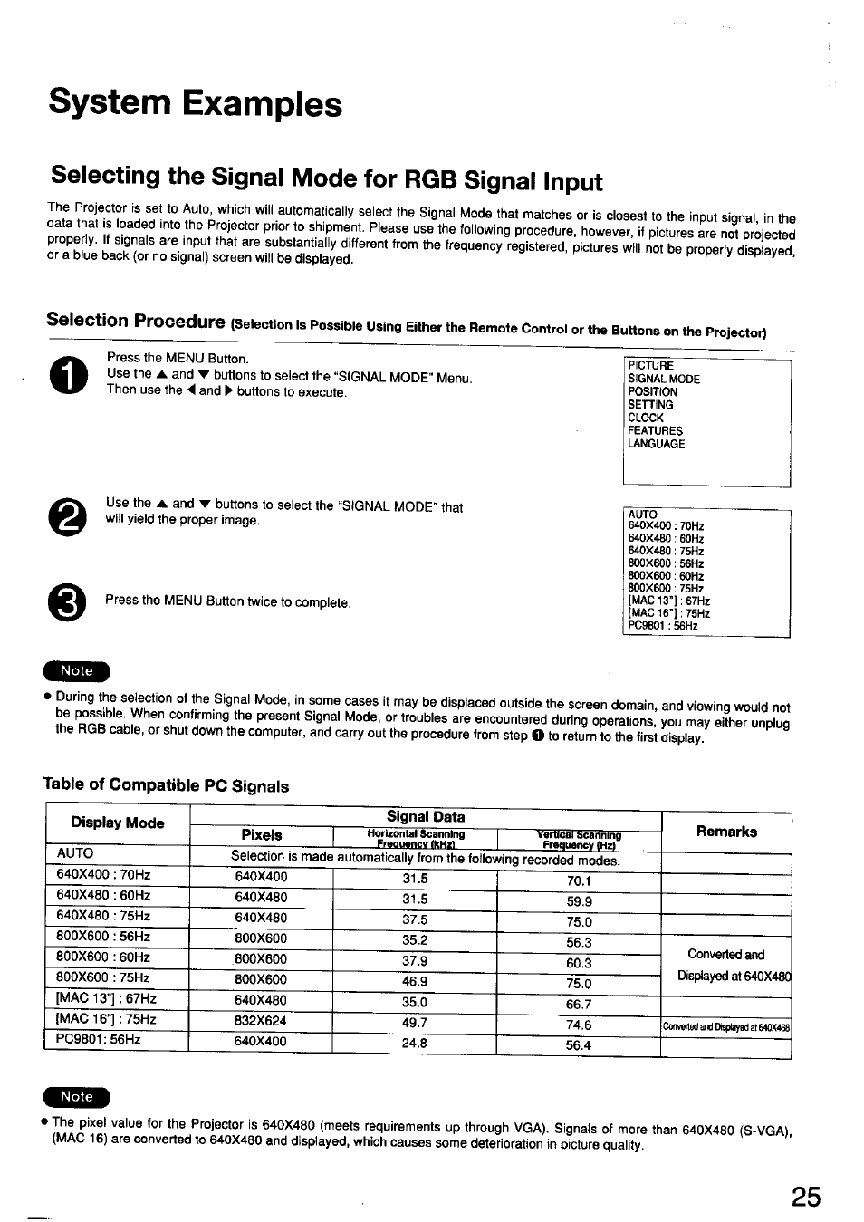 Table of compatible pc signals, System examples, Selecting the signal mode for rgb signal input | Panasonic TC-LT1 Series User Manual | Page 25 / 40
