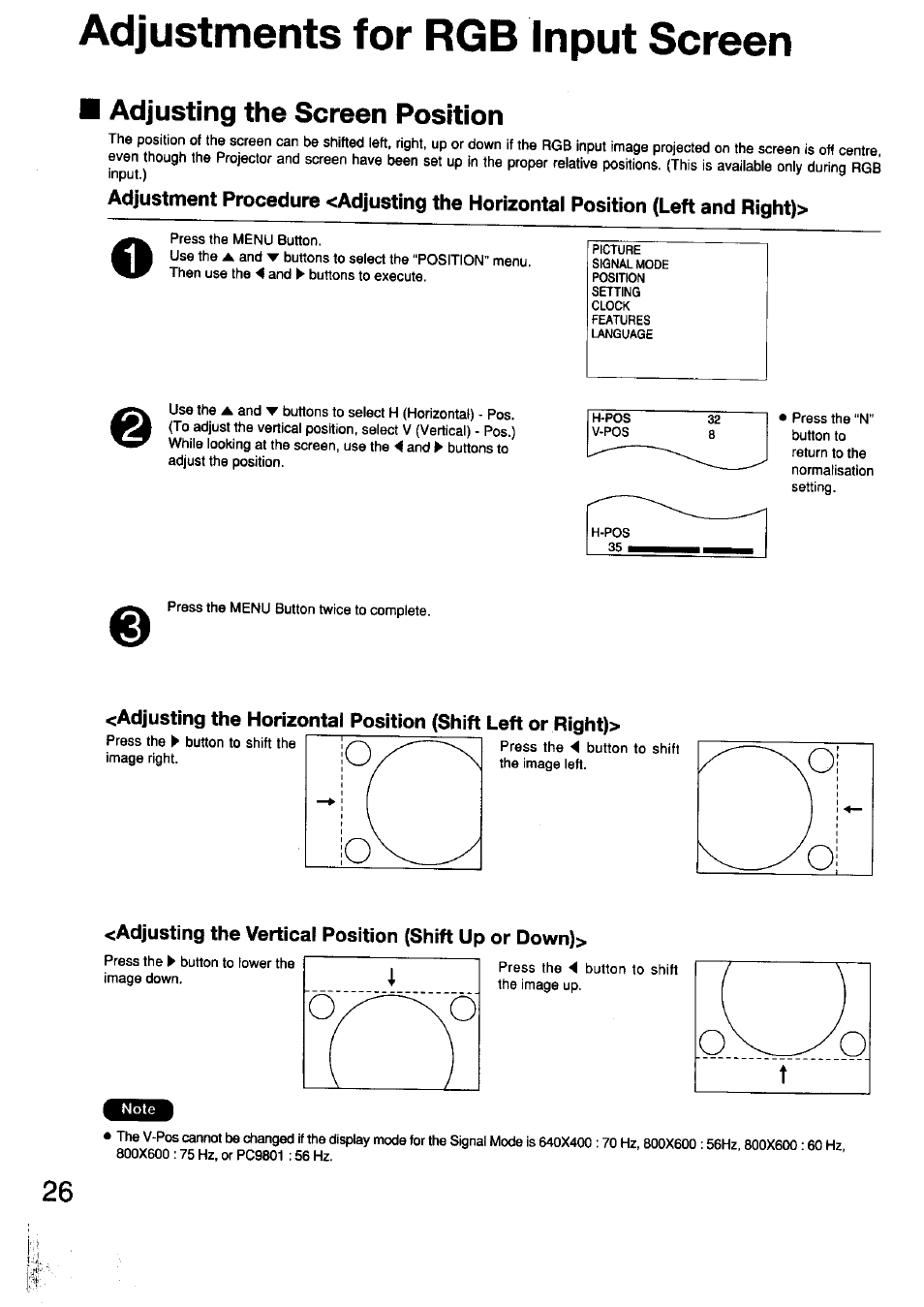 Adjusting the vertical position (shift up or down), Adjustments for rgb input screen, Adjusting the screen position | Panasonic TC-LT1 Series User Manual | Page 26 / 40