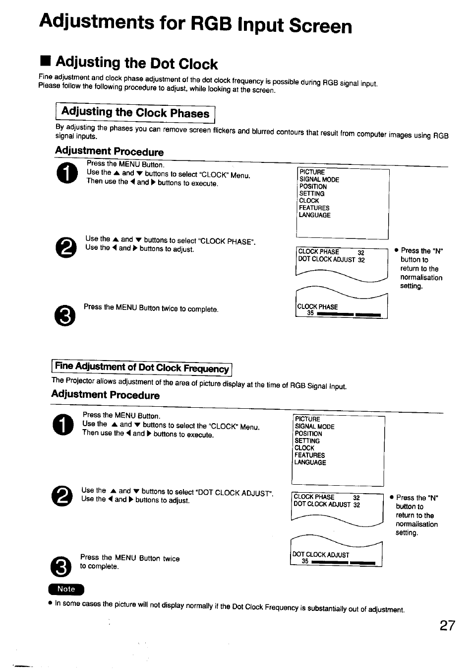 Adjustment procedure, Fine adjustment of dot clock frequency, Adjustments for rgb input screen | Adjusting the dot clock | Panasonic TC-LT1 Series User Manual | Page 27 / 40