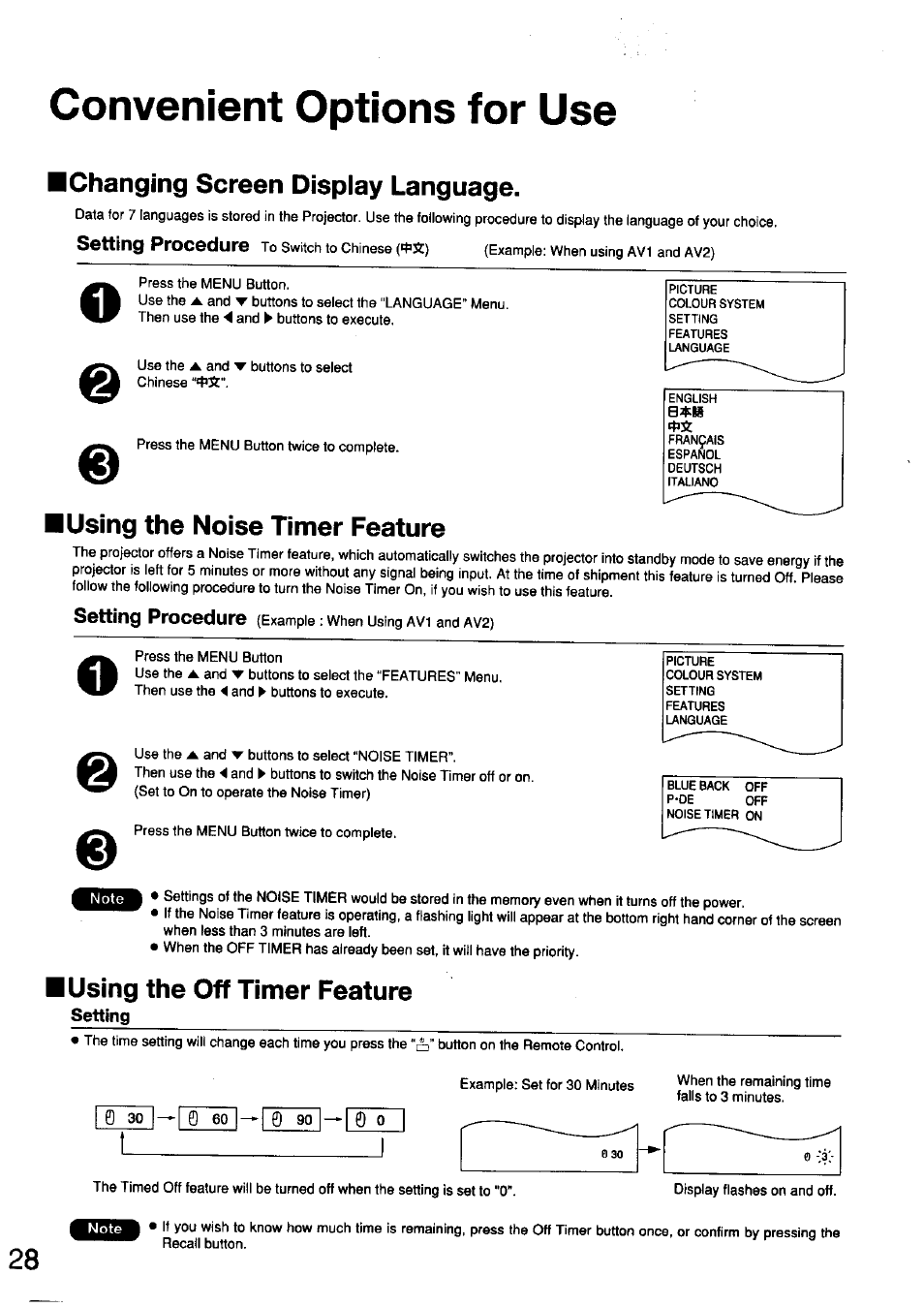 Setting, Convenient options for use, Changing screen display language | Using the noise timer feature, Using the off timer feature | Panasonic TC-LT1 Series User Manual | Page 28 / 40