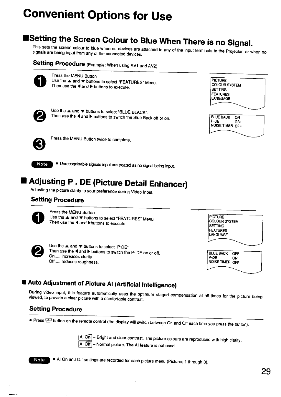 Setting procedure, Convenient options for use, Adjusting p . de (picture detail enhancer) | Panasonic TC-LT1 Series User Manual | Page 29 / 40
