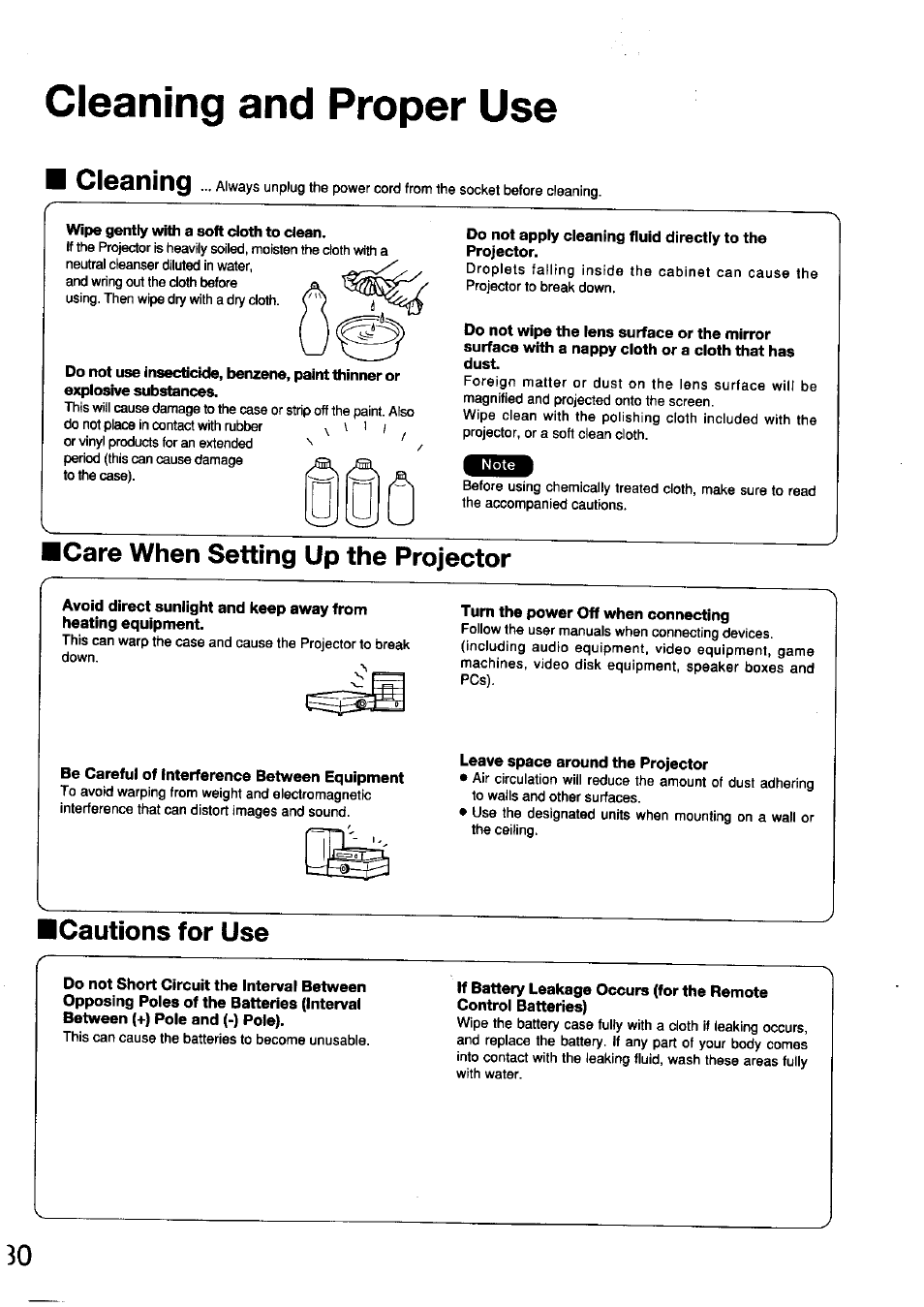 Cleaning and proper use, Cleaning, Icare when setting up the projector | Cautions for use | Panasonic TC-LT1 Series User Manual | Page 30 / 40