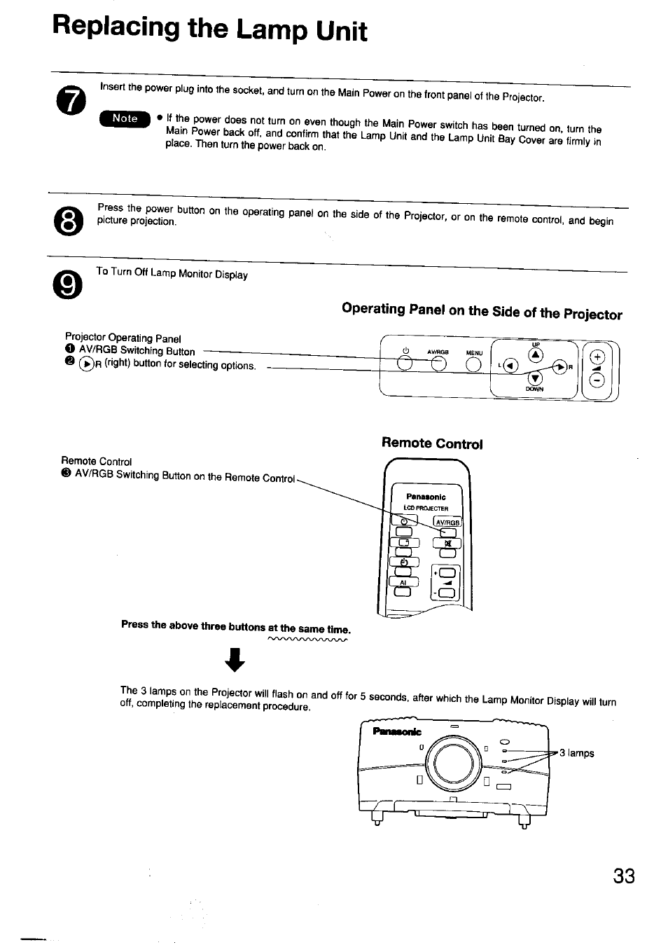 Operating panel on the side of the projector, Remote control, Replacing the lamp unit | Panasonic TC-LT1 Series User Manual | Page 33 / 40