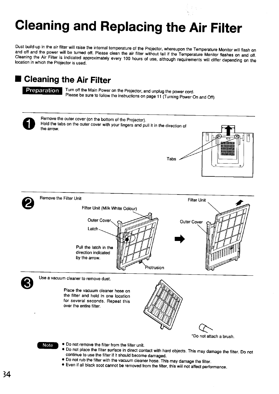 Cleaning and replacing the air fi, Cleaning the air filter | Panasonic TC-LT1 Series User Manual | Page 34 / 40