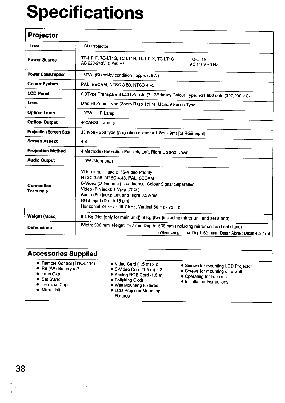 Specifications, Projector, Accessories supplied | Panasonic TC-LT1 Series User Manual | Page 38 / 40