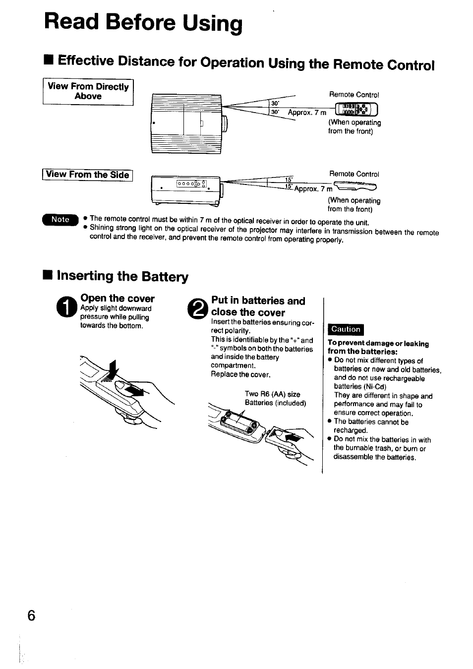 View from directly above, View from the side, Open the cover | Put in batteries and close the cover, Read before using, Inserting the battery | Panasonic TC-LT1 Series User Manual | Page 6 / 40
