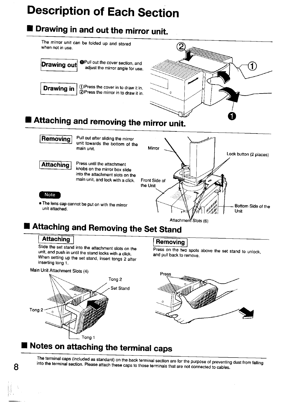 Drawing out, Drawing in, Removing | Attaching, Drawing in and out the mirror unit, Attaching and removing the, Attaching and removing the set stand | Panasonic TC-LT1 Series User Manual | Page 8 / 40