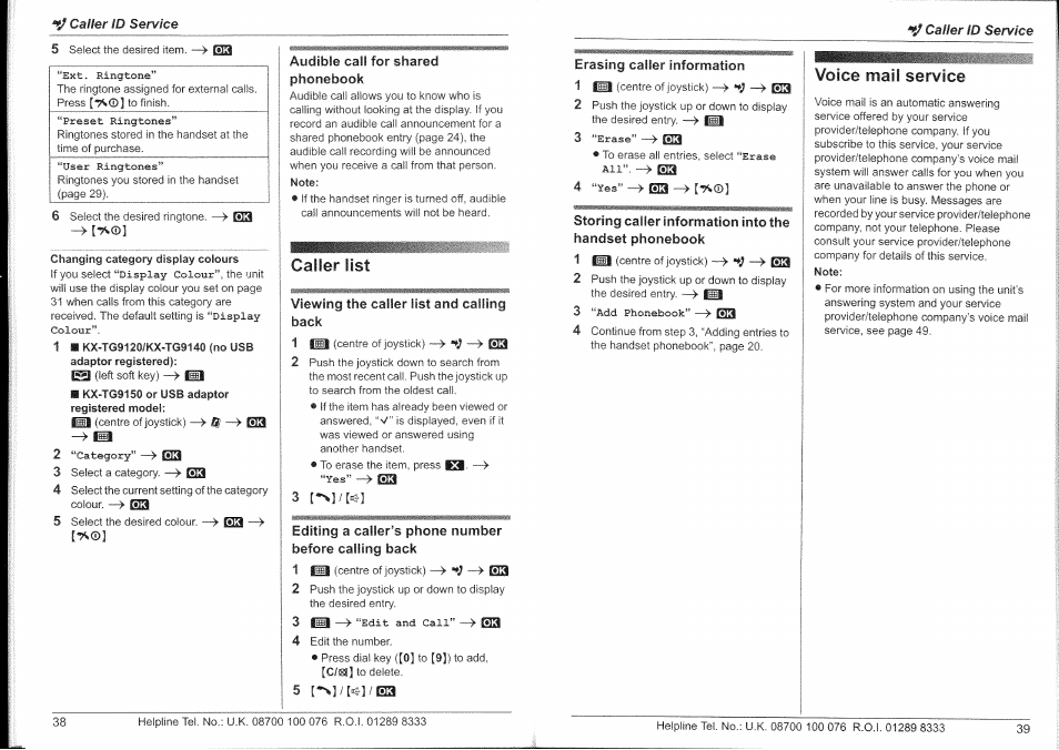 Caller list, Voice mail service | Panasonic KX-TG9150E User Manual | Page 20 / 34