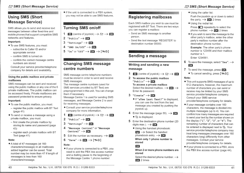 Using sms (short message service, Turning sms on/off, Changing siti i‘ centre numbers | Registering mailboxes, Sending a message | Panasonic KX-TG9150E User Manual | Page 21 / 34