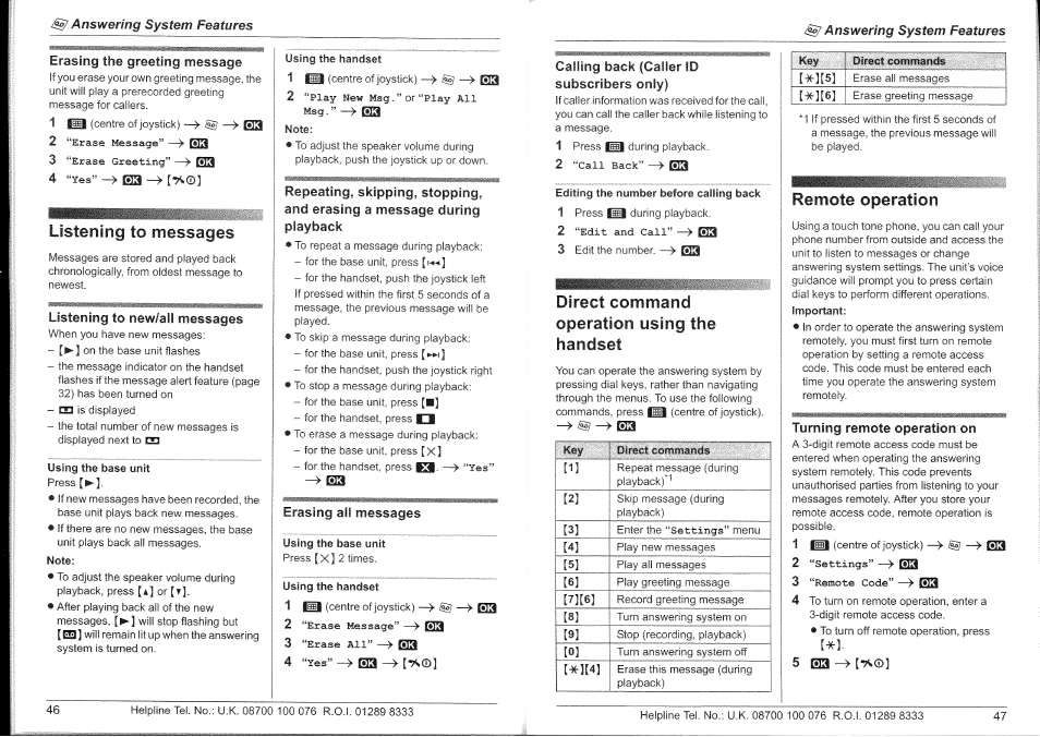 Listening to messages, Direct command operation using the handset, Remote operation | Panasonic KX-TG9150E User Manual | Page 24 / 34