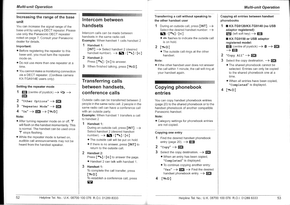 Copy all” -> sa, Intercom between handsets, Transferring | Between handsets, conference calls, Copying phonebook entries | Panasonic KX-TG9150E User Manual | Page 27 / 34