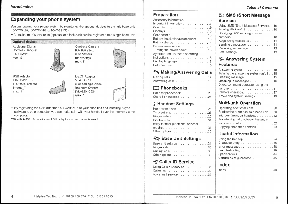 Expanding your phone system, Preparation, Making/answehng calls | Cd phonebooks, I handset settings, Base unit settings, Caller id service, 0 sms (short message service), Answering system features, Multi-unit operation | Panasonic KX-TG9150E User Manual | Page 3 / 34