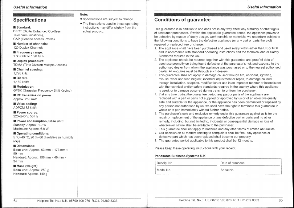 Specifications, Conditions of guarantee | Panasonic KX-TG9150E User Manual | Page 33 / 34