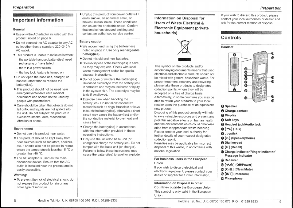 Important information, Controls | Panasonic KX-TG9150E User Manual | Page 5 / 34