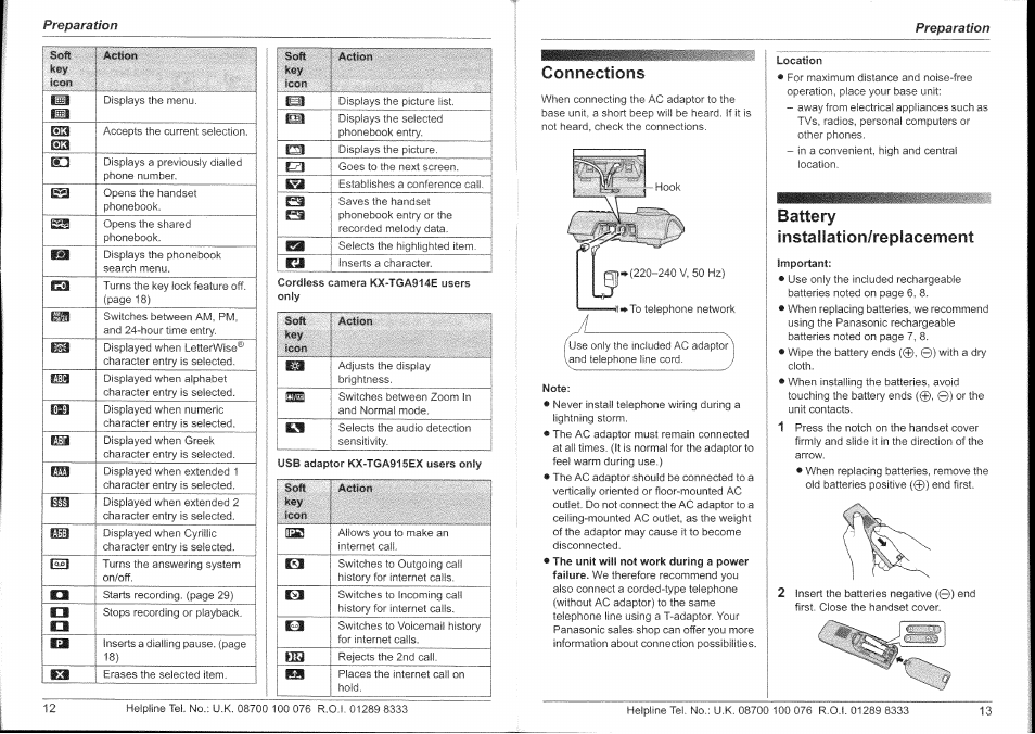 Connections, Battery installation/replacement | Panasonic KX-TG9150E User Manual | Page 7 / 34