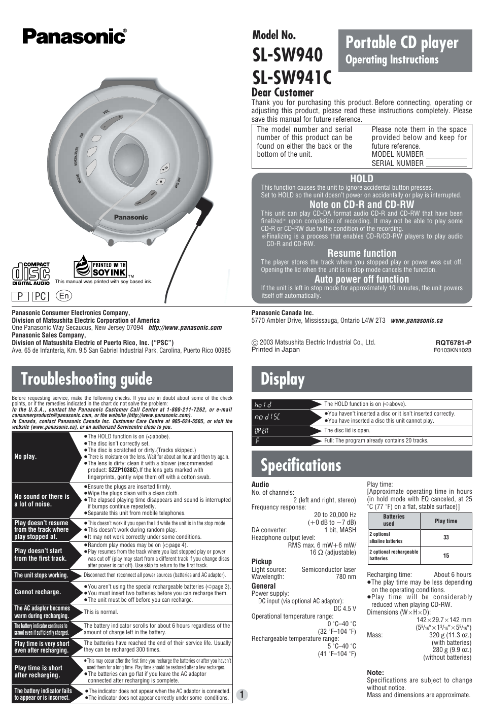 Panasonic SL-SW940 User Manual | 4 pages
