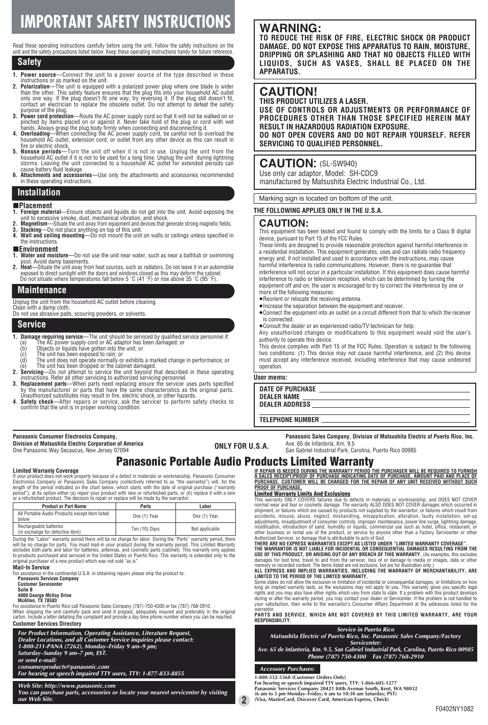 Important safety instructions, Caution, Warning | Panasonic portable audio products limited warranty, Safety installation maintenance service | Panasonic SL-SW940 User Manual | Page 2 / 4
