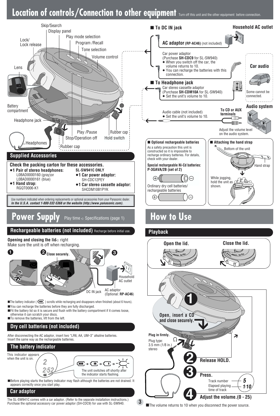 Location of controls/connection to other equipment, Power supply how to use | Panasonic SL-SW940 User Manual | Page 3 / 4