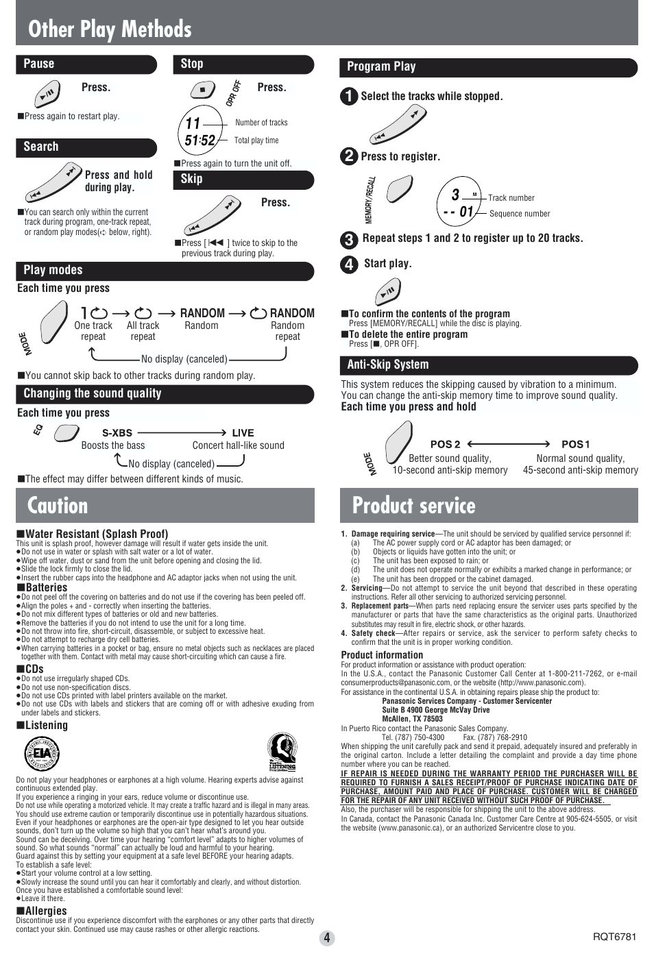 Other play methods, Caution, Product service | Random, Program play play modes, Changing the sound quality, Anti-skip system, Pause stop search skip | Panasonic SL-SW940 User Manual | Page 4 / 4