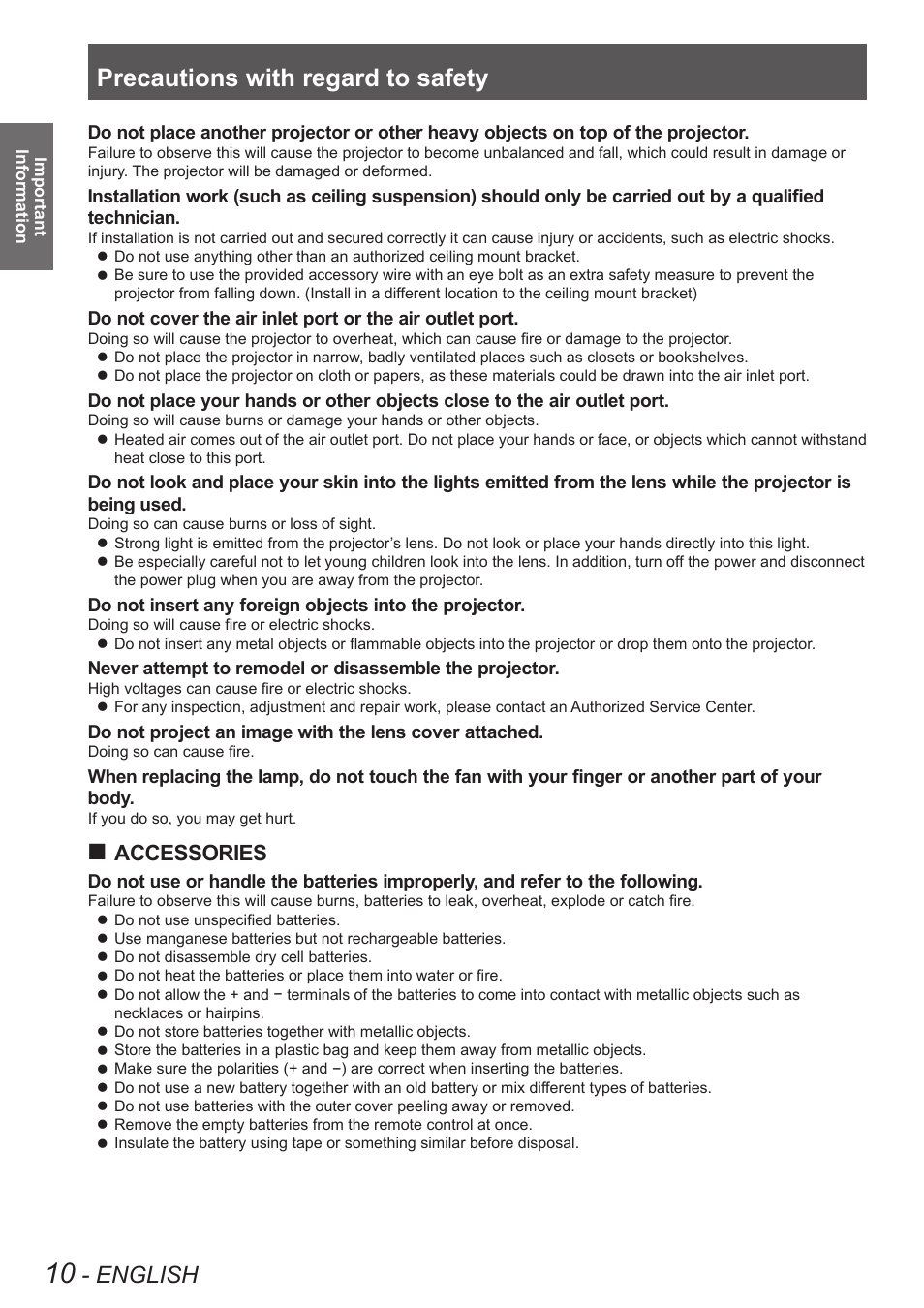 Precautions with regard to safety, English, Accessories | Panasonic TQBJ0350 User Manual | Page 10 / 96