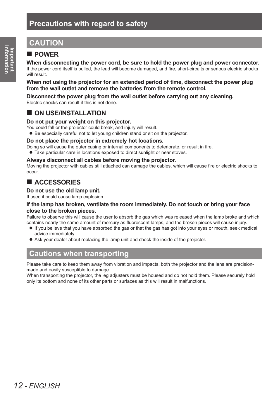 Caution, Cautions when transporting, Caution cautions when transporting | Precautions with regard to safety, English, Power, On use/installation, Accessories | Panasonic TQBJ0350 User Manual | Page 12 / 96