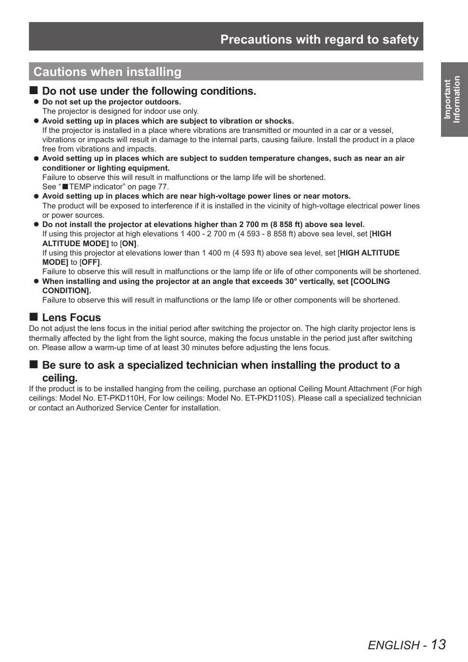 Cautions when installing, Precautions with regard to safety, English | Do not use under the following conditions, Lens focus | Panasonic TQBJ0350 User Manual | Page 13 / 96