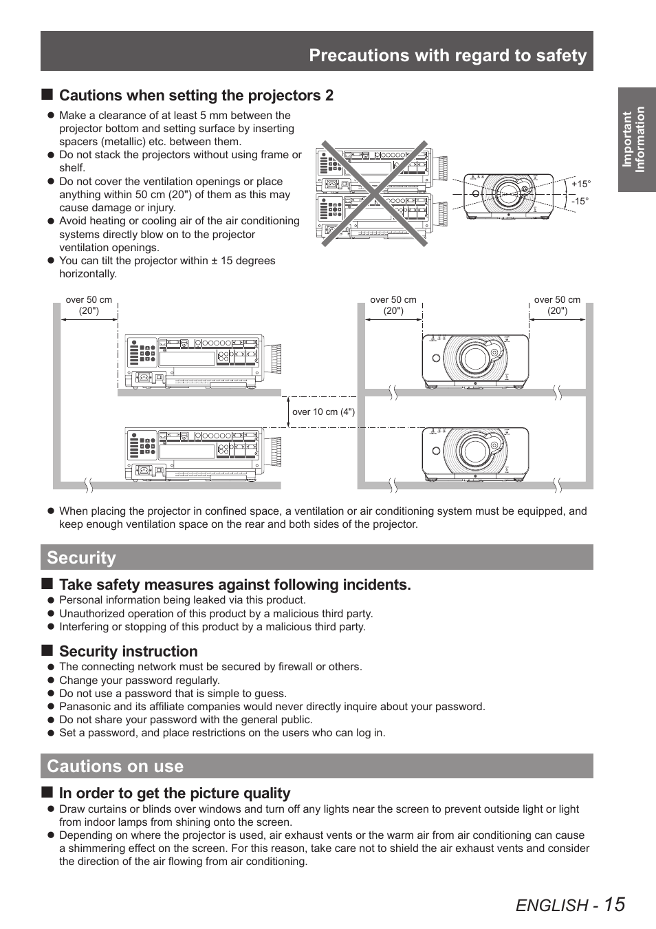Security, Cautions on use, Security cautions on use | Precautions with regard to safety, English, Cautions when setting the projectors 2, Take safety measures against following incidents, Security instruction | Panasonic TQBJ0350 User Manual | Page 15 / 96
