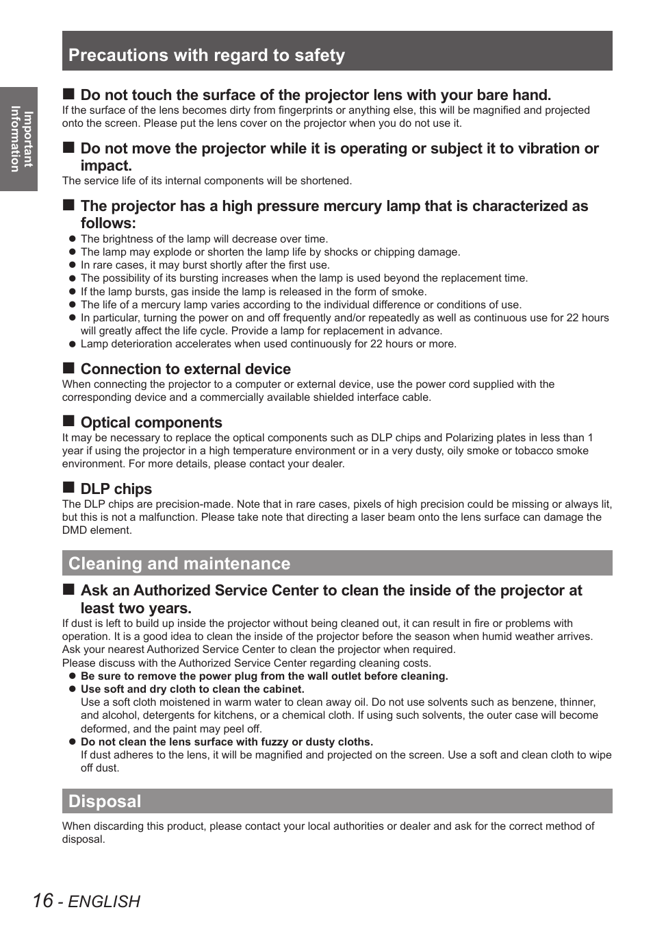 Cleaning and maintenance, Disposal, Cleaning and maintenance disposal | Precautions with regard to safety, English, Connection to external device, Optical components, Dlp chips | Panasonic TQBJ0350 User Manual | Page 16 / 96