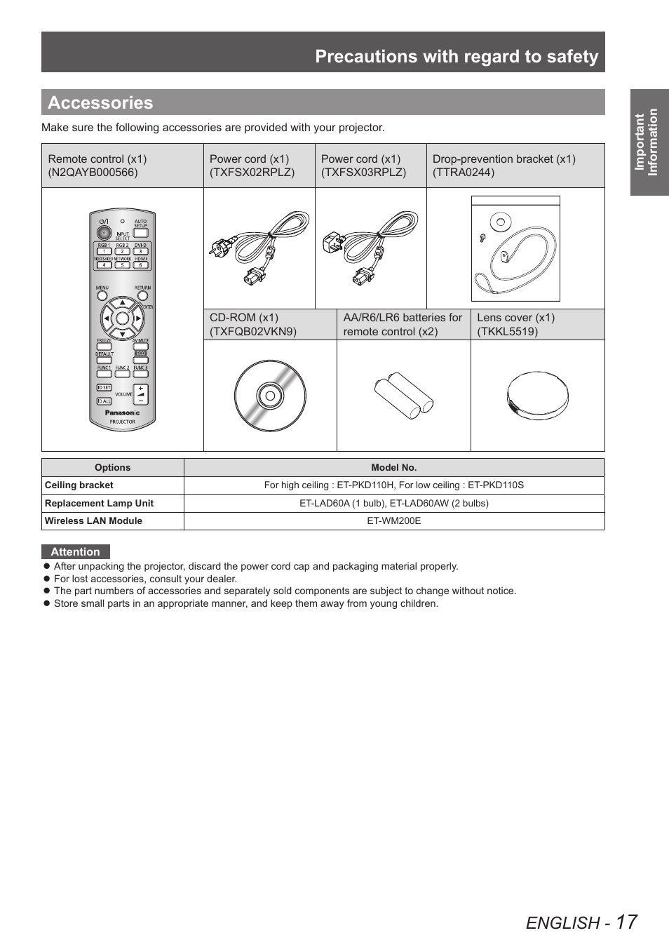 Accessories, Precautions with regard to safety, English | Panasonic TQBJ0350 User Manual | Page 17 / 96