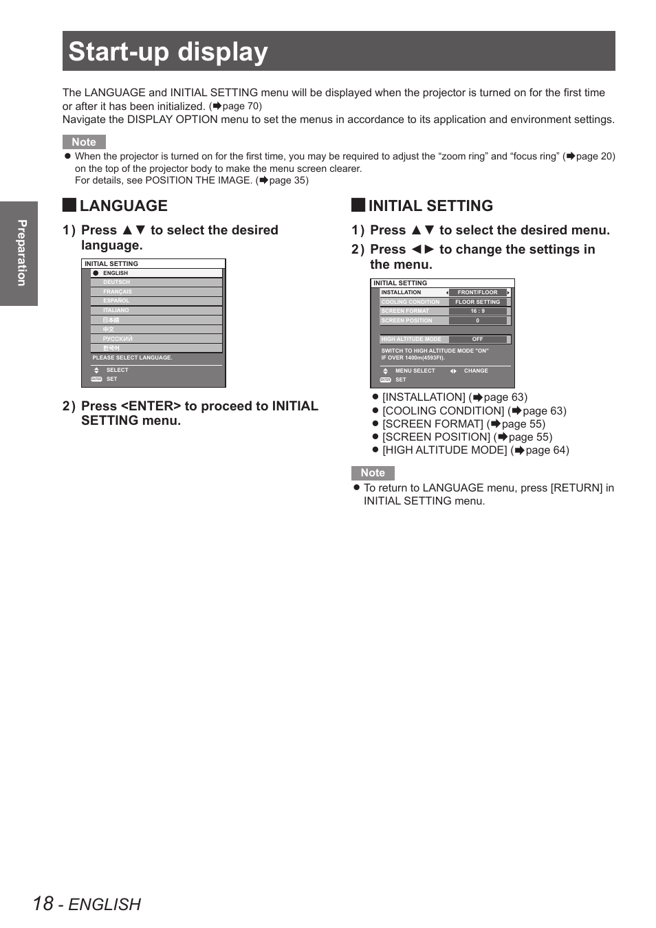 Preparation, Start-up display, English | Language, Initial setting, Press ▲▼ to select the desired 1 ) language | Panasonic TQBJ0350 User Manual | Page 18 / 96