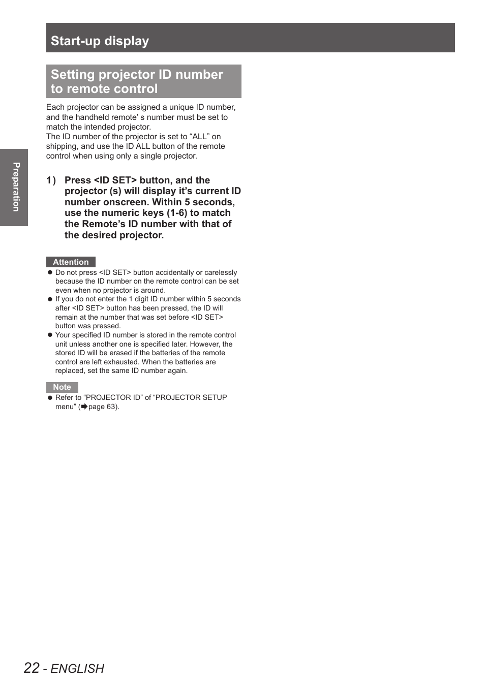 Setting projector id number to remote control, Start-up display, English | Panasonic TQBJ0350 User Manual | Page 22 / 96