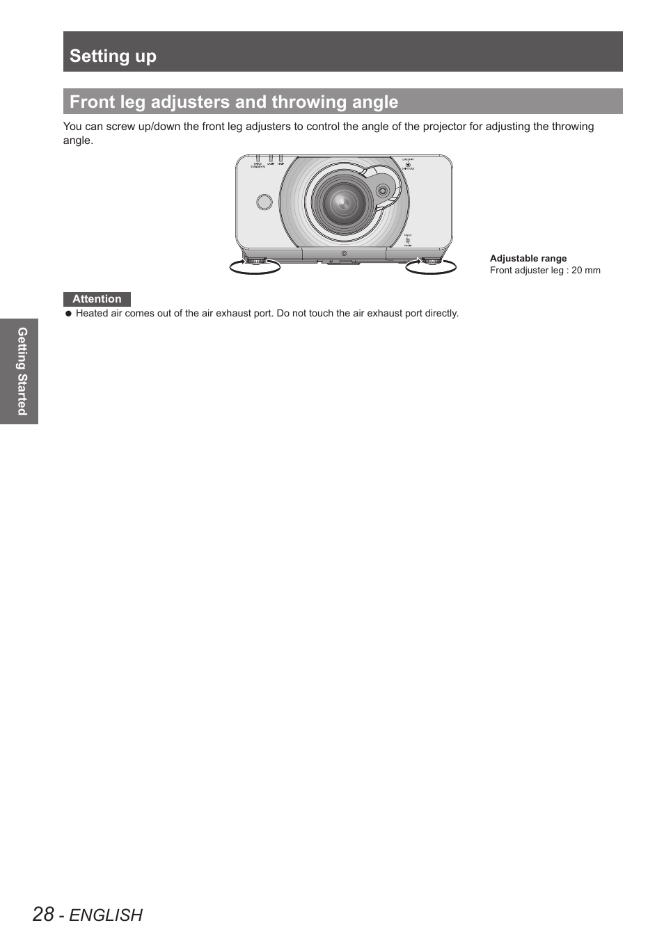 Front leg adjusters and throwing angle, Setting up, English | Panasonic TQBJ0350 User Manual | Page 28 / 96