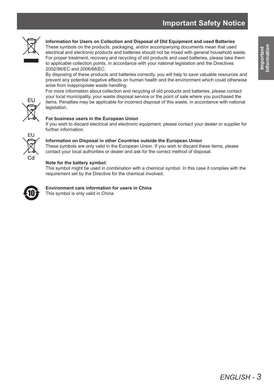 Important safety notice, English | Panasonic TQBJ0350 User Manual | Page 3 / 96