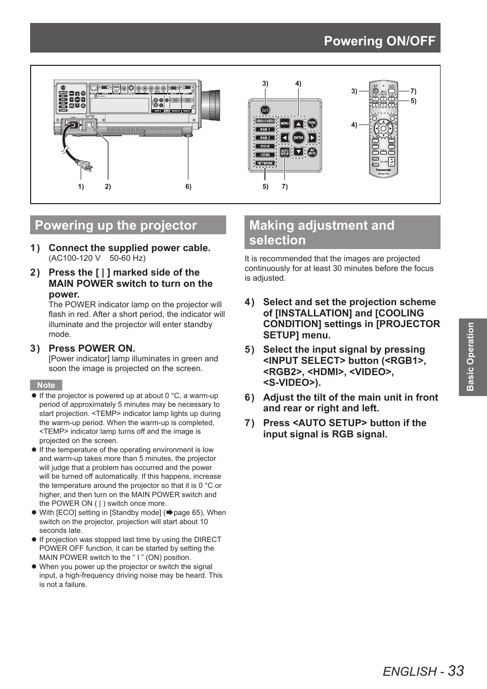 Powering up the projector, Making adjustment and selection, Powering on/off | English | Panasonic TQBJ0350 User Manual | Page 33 / 96