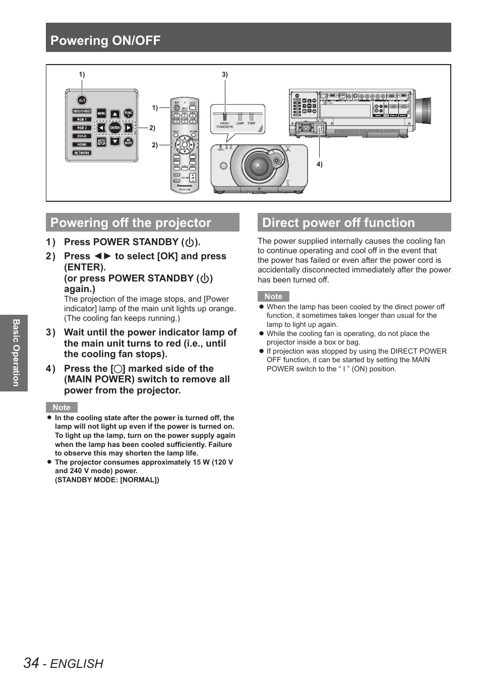 Powering off the projector, Direct power off function, Powering on/off | English | Panasonic TQBJ0350 User Manual | Page 34 / 96