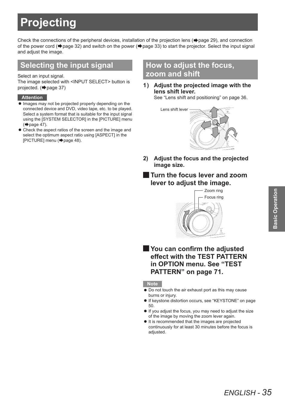 Projecting, Selecting the input signal, How to adjust the focus, zoom and shift | English, Turn the focus lever and zoom | Panasonic TQBJ0350 User Manual | Page 35 / 96