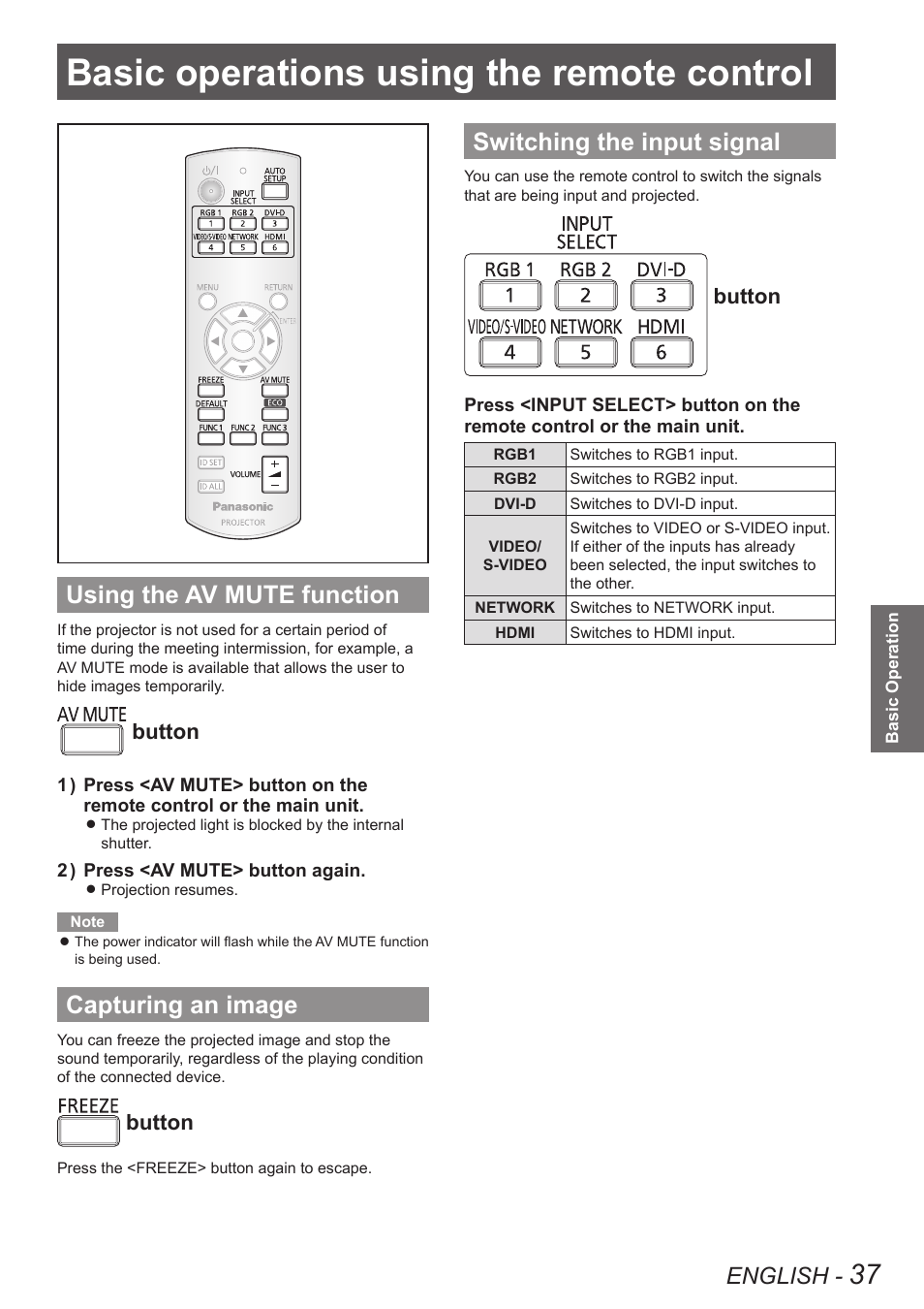 Basic operations using the remote control, Using the av mute function, Capturing an image | Switching the input signal, Basic operations using the remote, Control, English, Button | Panasonic TQBJ0350 User Manual | Page 37 / 96